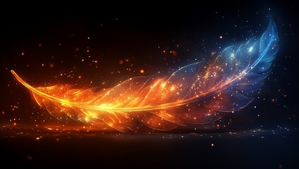 Fototapeta premium A vibrant, glowing feather with fiery orange and cool blue hues against a dark background.