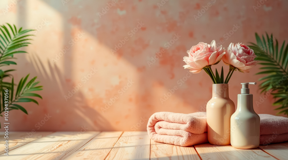 Wall mural Soft towels are neatly arranged beside stylish vases of flowers in a serene bathroom. Natural light filters in, accentuating the calming atmosphere