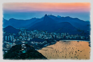 Rio de Janeiro, Brazil: sunset panoramic view of Guanabara Bay with Corcovado mountain and the...