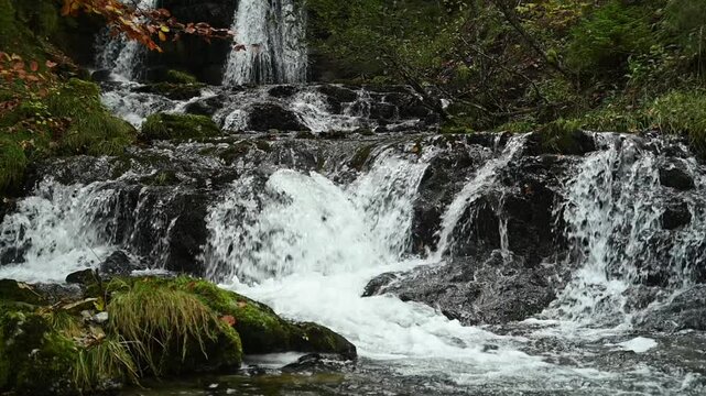 Cascading waterfalls in an autumn forest, slow motion, Josefsthaler Wasserf&auml;lle