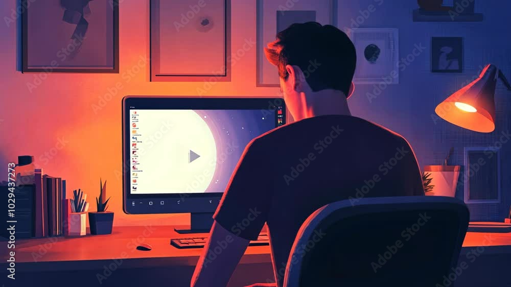 Aufkleber a man sits in a dimly lit room, facing a computer screen with a play button visible