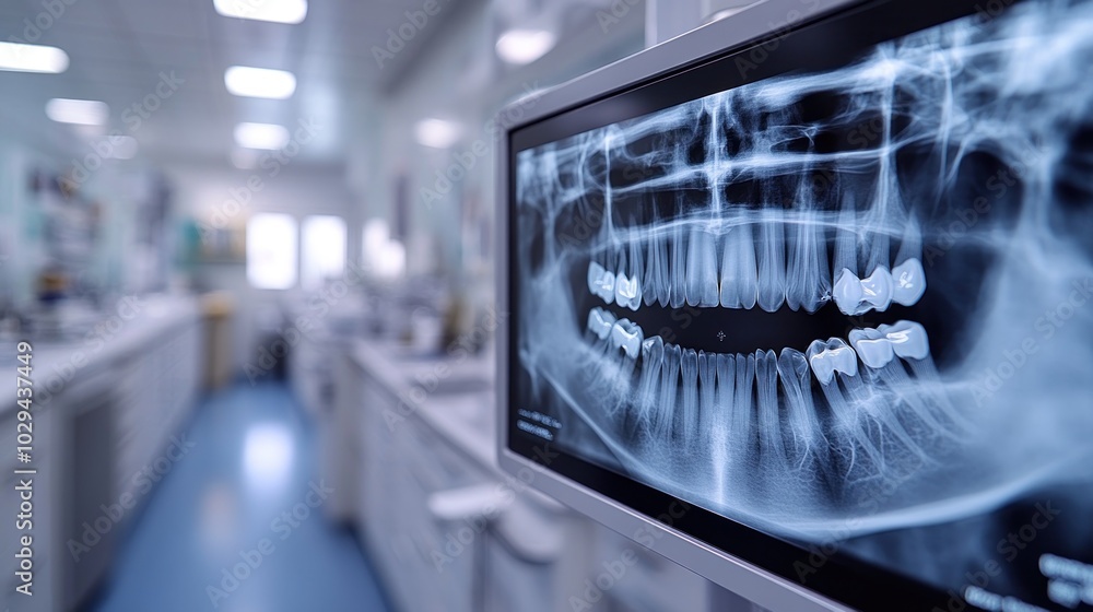 Poster x-ray image of dental structure displayed in a modern laboratory setting.
