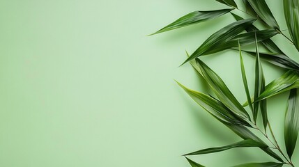   A green plant in focus against a light green backdrop with text space on the left side of the photo