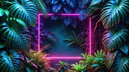 Neon lights and tropical plants in a fluorescent frame amidst nature Silhouette