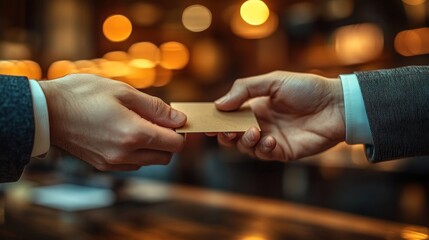 Two hands exchanging a business card in a warm, illuminated setting.