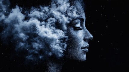 A profile silhouette of a woman blends seamlessly with wisps of clouds against a dark background. The artwork evokes themes of creativity and the connection between mind and nature