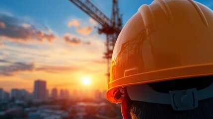 Fototapeta premium As the sun sets, a construction worker in a hard hat watches the vibrant colors fill the sky, with a crane towering over the urban landscape in the background