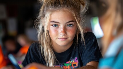 Fototapeta premium A young girl with blonde hair and striking blue eyes shows concentration as she engages in drawing during an art activity in a classroom filled with fellow students