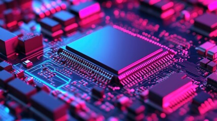 A detailed close-up reveals a microchip on a circuit board, enhanced by colorful lighting. The design showcases intricate patterns and engineering at a tech innovation hub