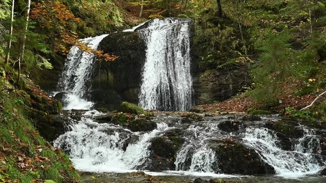 Cascading waterfalls in an autumn forest, slow motion, Josefsthaler Wasserf&auml;lle