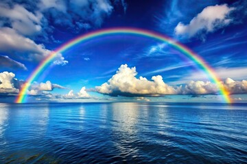Rainbow stretching over a tranquil sea with a dramatic blue sky and fluffy clouds