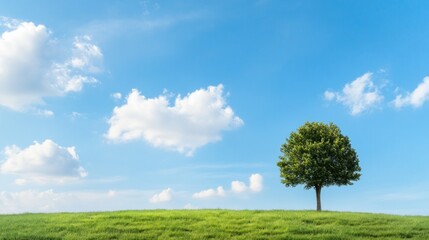 Obraz premium A single tree grows on a verdant hill, surrounded by a vibrant landscape under a clear blue sky filled with soft, white clouds, showcasing a peaceful day outdoors