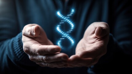 A pair of hands gently cradles luminous DNA strands, symbolizing the advancements in biotechnology and the potential of genetic research. The setting is dark, emphasizing the glowing strands