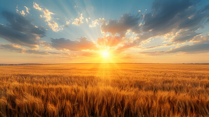 Fototapeta premium A vast field of golden wheat under a clear summer sky