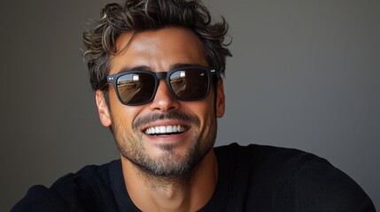 Fototapeta premium A smiling man with curly hair and sunglasses enjoys the sunlight while sitting indoors, capturing a relaxed moment in a casual setting