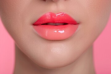 Naklejka premium Close-up of ombre glossy coral and pink lips against a bright pink background, emphasizing vibrant beauty visuals and makeup trends with minimalistic design and copy space for branding.