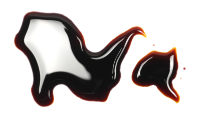 Spilled soy sauce, isolated on white, top view
