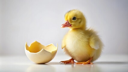 Newborn cute yellow duckling hatched from egg shell isolated on white background