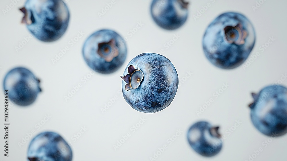 Poster a group of blueberries in flight, with a nibbled-on blueberry in the foreground