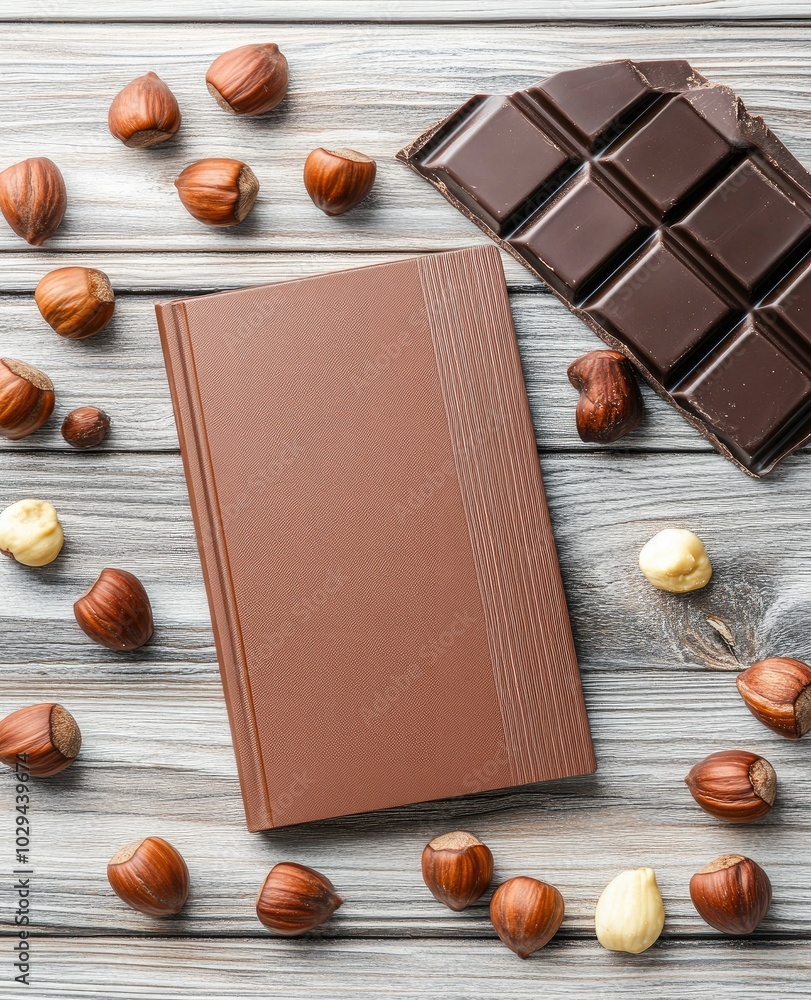 Poster delicious flat lay of hazelnuts and chocolate surrounding a blank notepad for creative menu design o
