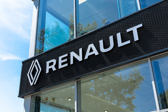 Renault logo sign at the cardealer. Renault produces a range of cars and vans that are sold worldwide. Utrecht, the Netherlands. 12 June 2023. 