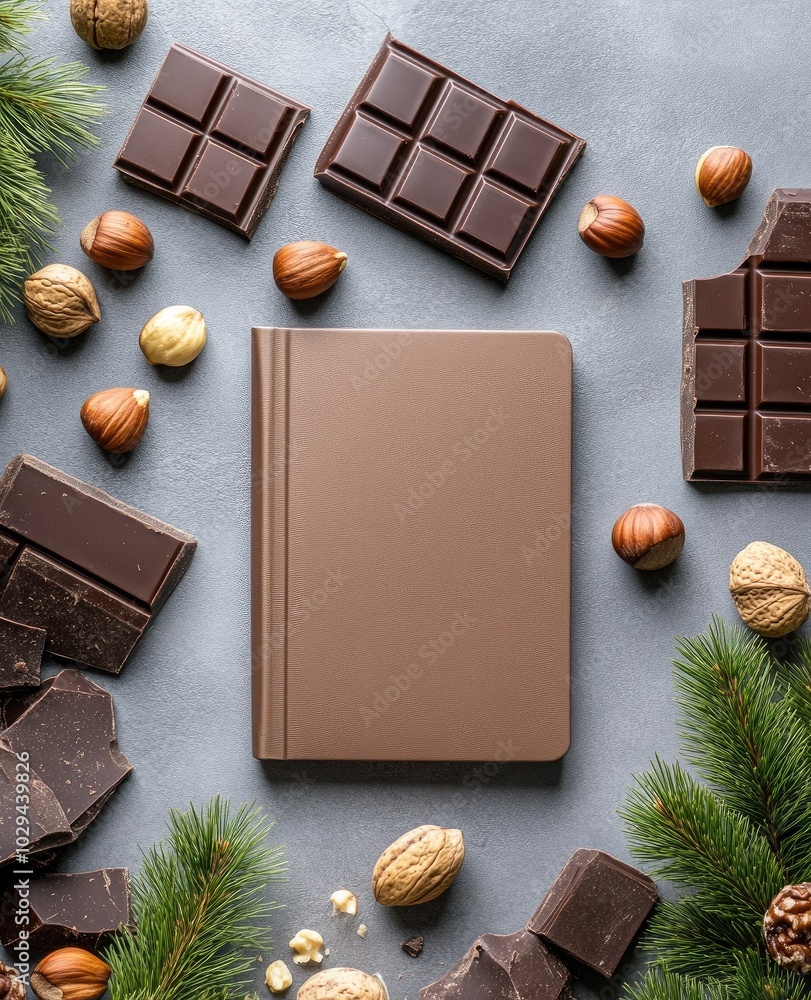Poster delicious flat lay of hazelnuts and chocolate surrounding a blank notepad for creative menu design o