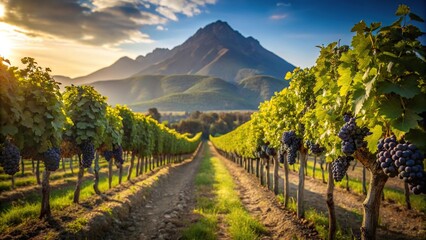 Scenic grape plantation at sunset with mountain silhouette in the background