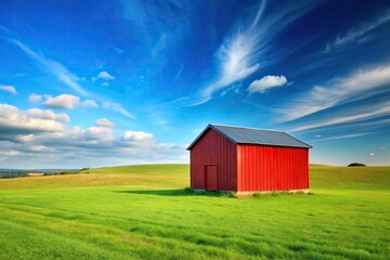 Obraz premium Scenic landscape with vibrant red shed against blue sky