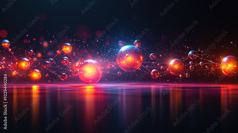 Poster abstract visualization of glowing spheres and particles representing energy or molecular structures.