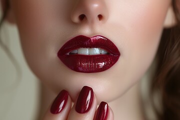 Naklejka premium Close-up of glossy deep burgundy lips and matching glossy nails on a woman’s hand against a soft beige background, emphasizing bold and elegant beauty visuals with copy space for branding.