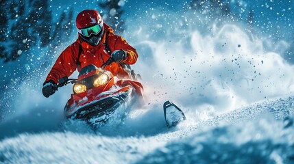 A ski patrol member in an orange jacket riding a snowmobile through deep snow in a winter landscape.