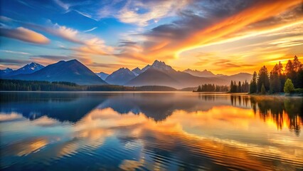Scenic sunrise over lake with mountains reflected