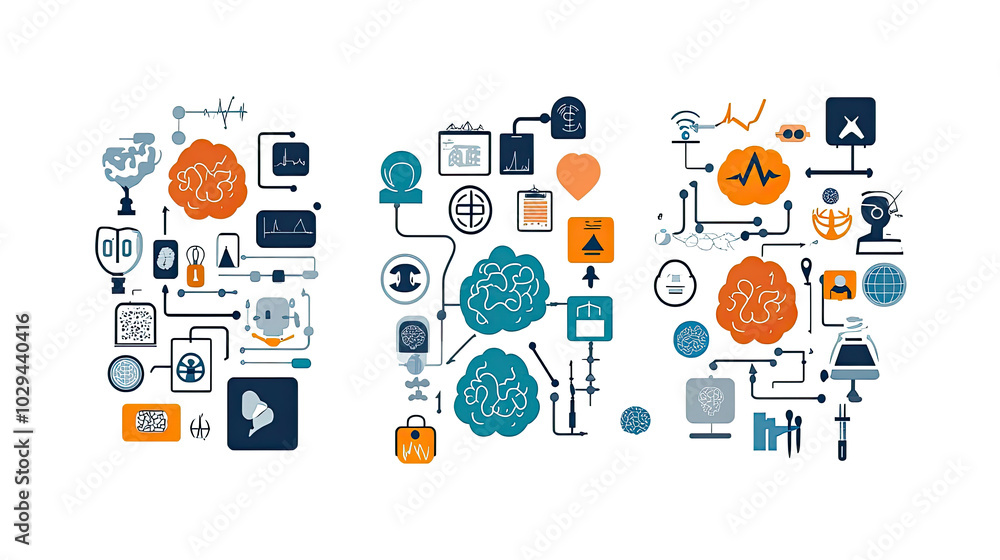 Poster machine learning icons with brain concepts on white generative ai