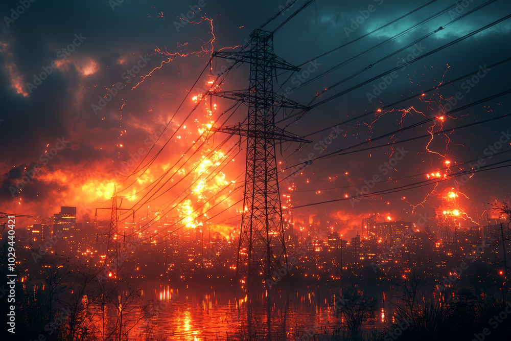 Poster a power grid under attack, illustrating the vulnerability of modern infrastructure to disruptions. c