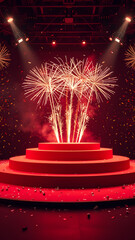 A red large podium surrounded by four floor fireworks and stage lights. Festive background around with confetti and lights.