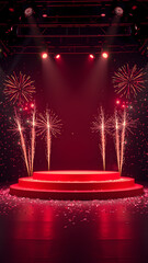 A red large podium surrounded by four floor fireworks and stage lights. Festive background around with confetti and lights.