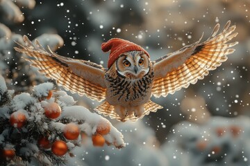 Fototapeta premium A majestic owl in a festive red hat soars gracefully through a snowy landscape, surrounded by frosted branches and glistening winter scenery