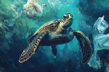 Fototapeta premium A turtle swimming underwater surrounded by plastic bags, highlighting ocean pollution.
