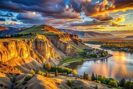 Scenic view of golden hour lighting up the bluff and cliffs at Cinnamon Ridge near Kamloops BC airport
