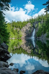 A stunning waterfall flowing into a clear lake surrounded by lush green trees and blue skies.