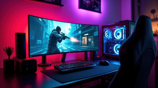 High-Tech Gaming Setup with Curved Monitor and RGB Lighting