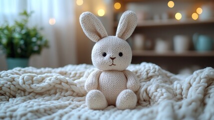 A cute knitted bunny toy sits on a cozy blanket, creating a warm and inviting atmosphere.