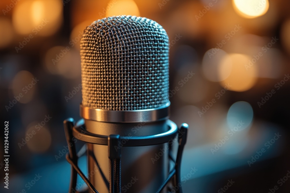 Poster close-up of a microphone with a blurred background, suggesting a recording or performance setting.