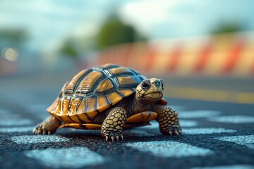 Obraz premium A determined tortoise positioned at the start of a race track, symbolizing perseverance and the classic 