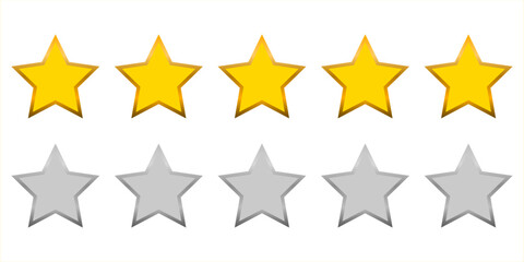 Five yellow and gray stars isolated on white background. Customer feedback concept. Product rating by setting  golden stars. Quality symbol.