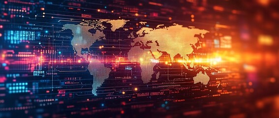 A digital world map with data streams, depicting global connectivity and technology.