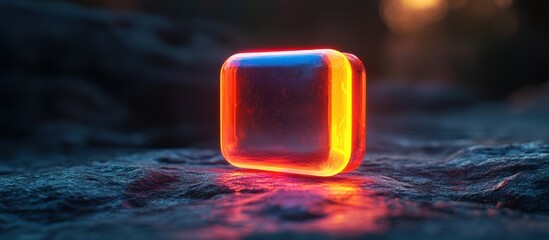 A glowing, translucent rectangular object on a textured surface, illuminated by natural light.