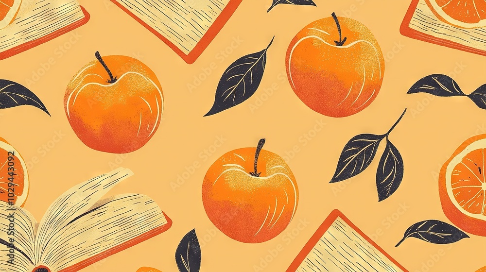 Poster an orange with leaves on a yellow background book and slices on a yellow background oranges and book