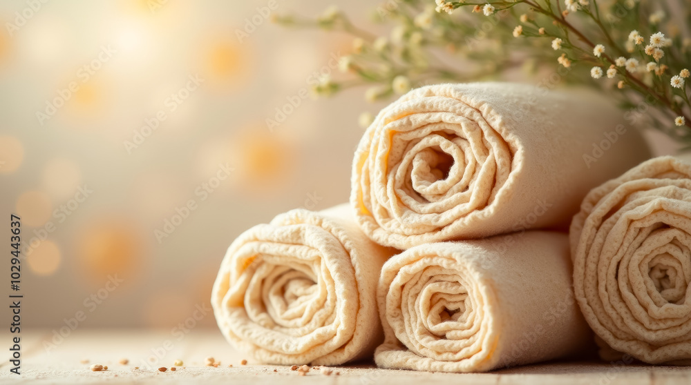 Poster rolled towels are neatly arranged on a wooden surface with the gentle presence of small flowers, cre
