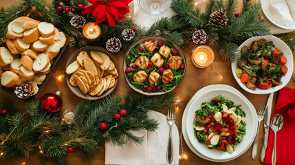 Vibrant vegan Christmas dinner table set with colorful dishes and festive decorations